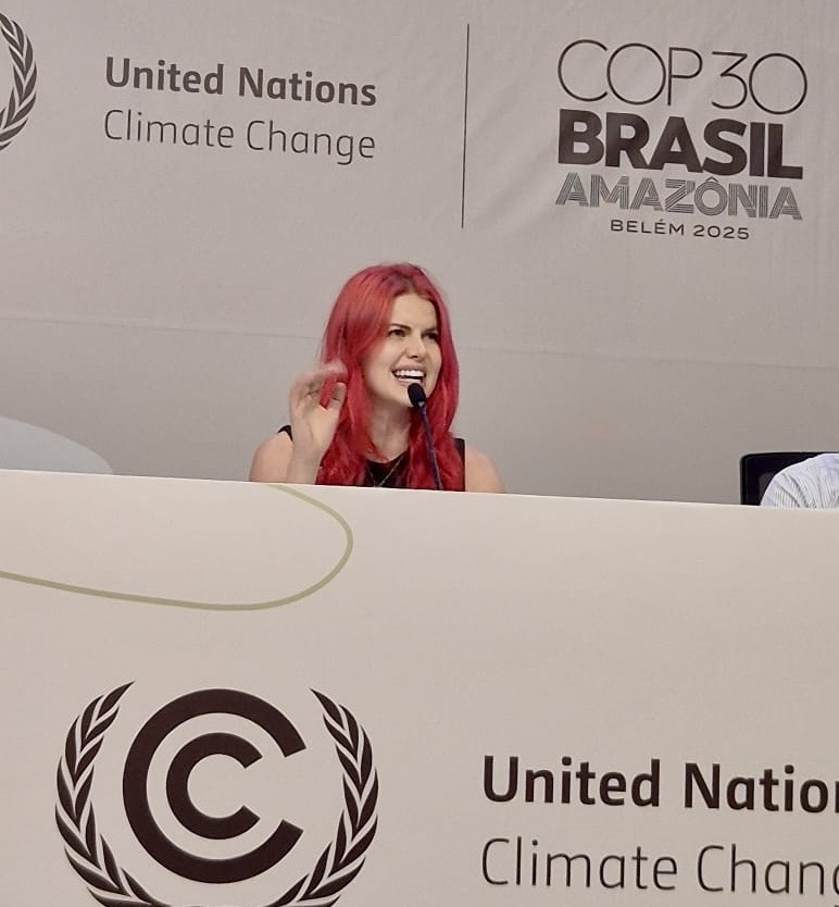 Ekaterina Sky speaking at COP30, the UN Climate Conference, Brazil